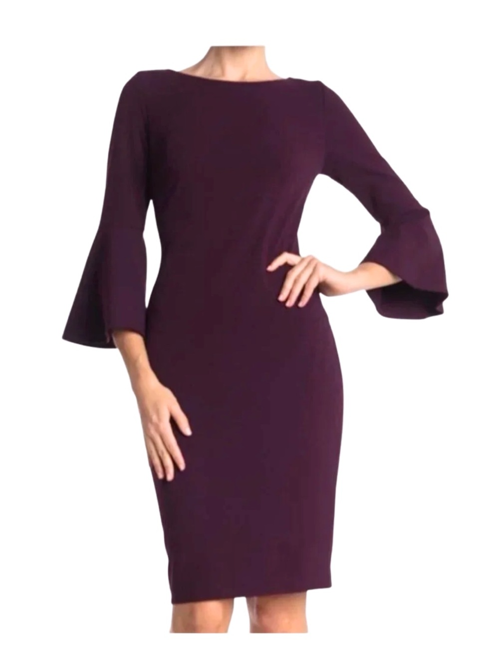 Calvin Klein Royal Purple Short Sheath Dress Bell Sleeves Feminine Classic Plum